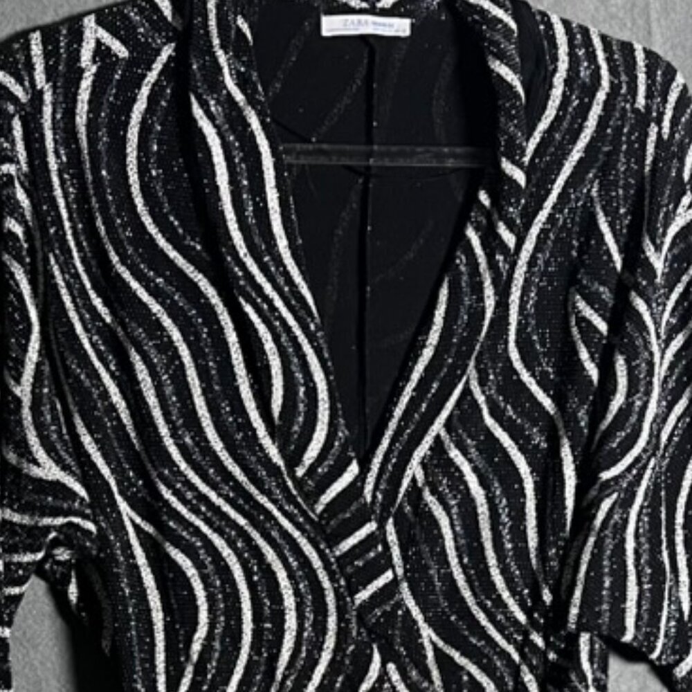 Zara Shiny Shimmery Wrap Dress M Black Silver White - Picture 5 of 6